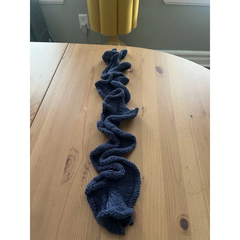 Hand Knit Short Blue Ruffle Scarf Frilly Boa Neck Accessory Handmade